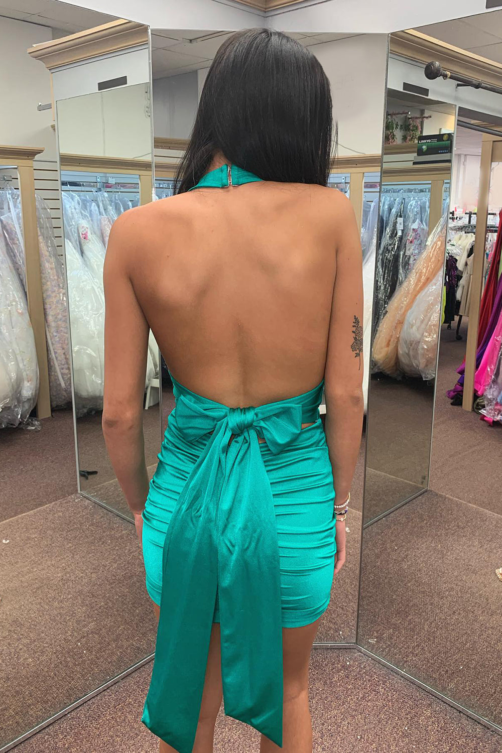 Misshow Simple Black Halter Backless Tight Short Satin Homecoming Dress/Mini Dress