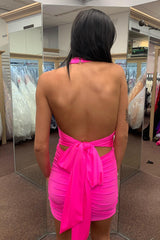 Misshow Simple Fuchsia Convertible Wear Satin Tight Short Homecoming Dress/Mini Dress