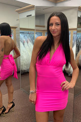 Misshow Simple Fuchsia Convertible Wear Satin Tight Short Homecoming Dress/Mini Dress