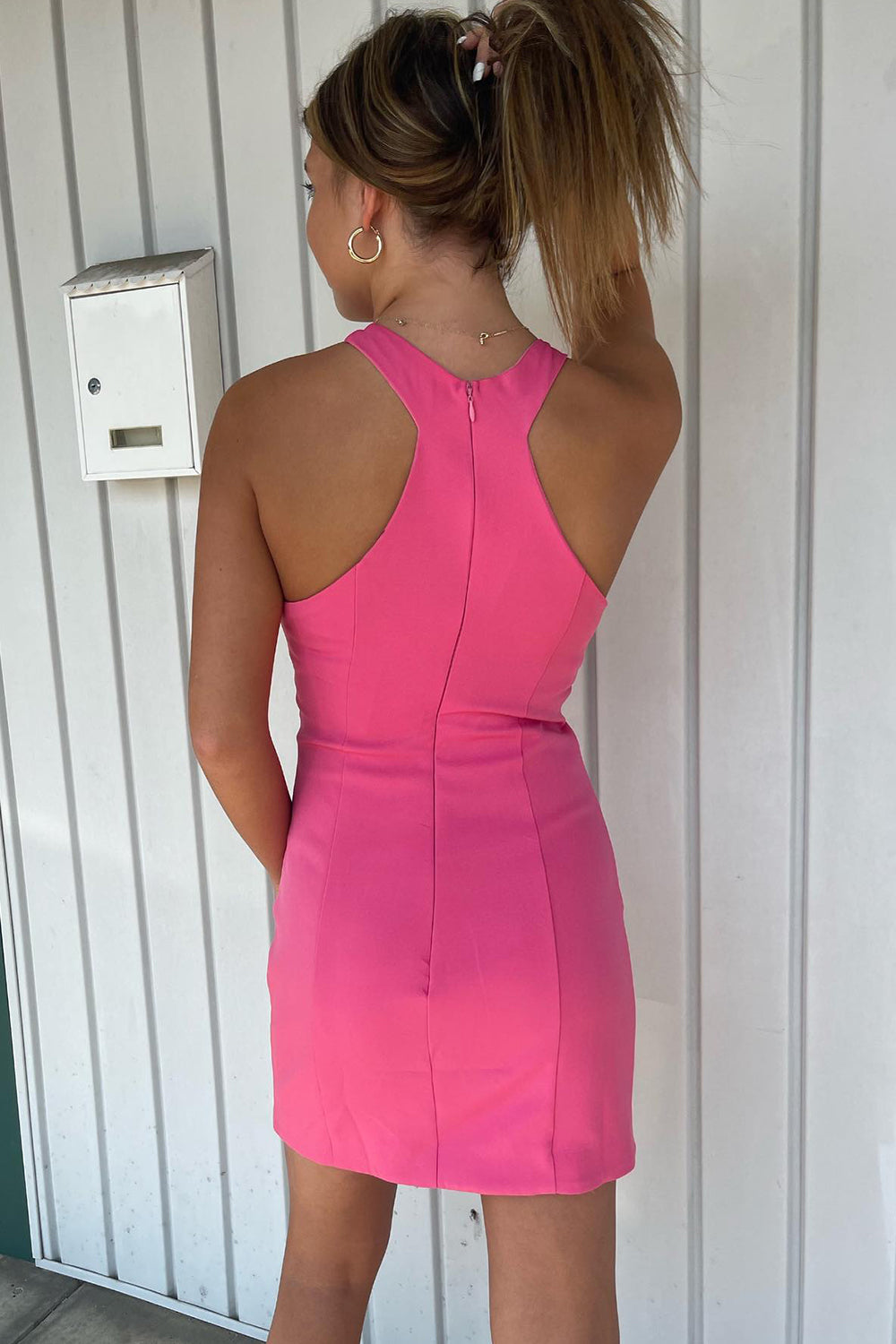 Misshow Simple Fuchsia Satin Halter Tight Short Homecoming Dress/Mini Dress