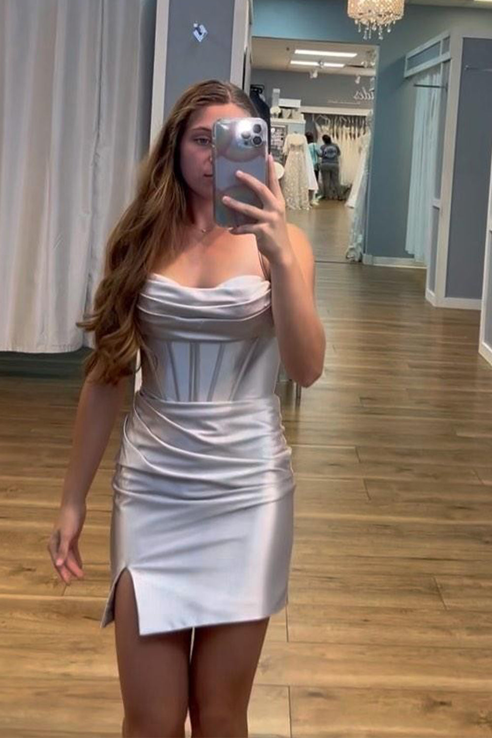 Misshow Simple Silver Corset Tight Satin Short Homecoming Dress/Mini Dress
