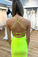 Misshow Simple Yellow Spaghetti Straps Tight Short Homecoming Dress/Mini Dress with Slit