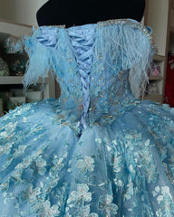 Misshow Sky Blue Ball Gown Off-Shoulder 3D Floral Applique Feather Tulle Quinceanera Dress for Sweet 16 & Princess Birthday Parties
