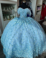 Misshow Sky Blue Ball Gown Off-Shoulder 3D Floral Applique Feather Tulle Quinceanera Dress for Sweet 16 & Princess Birthday Parties