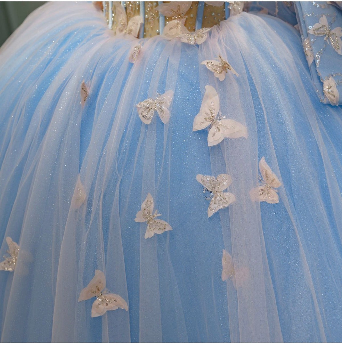 Misshow Sky Blue Ball Gown Sweetheart Neckline with 3D Butterfly Lace & Beaded Tulle for Quinceanera Sweet 16 or Princess Birthday Party