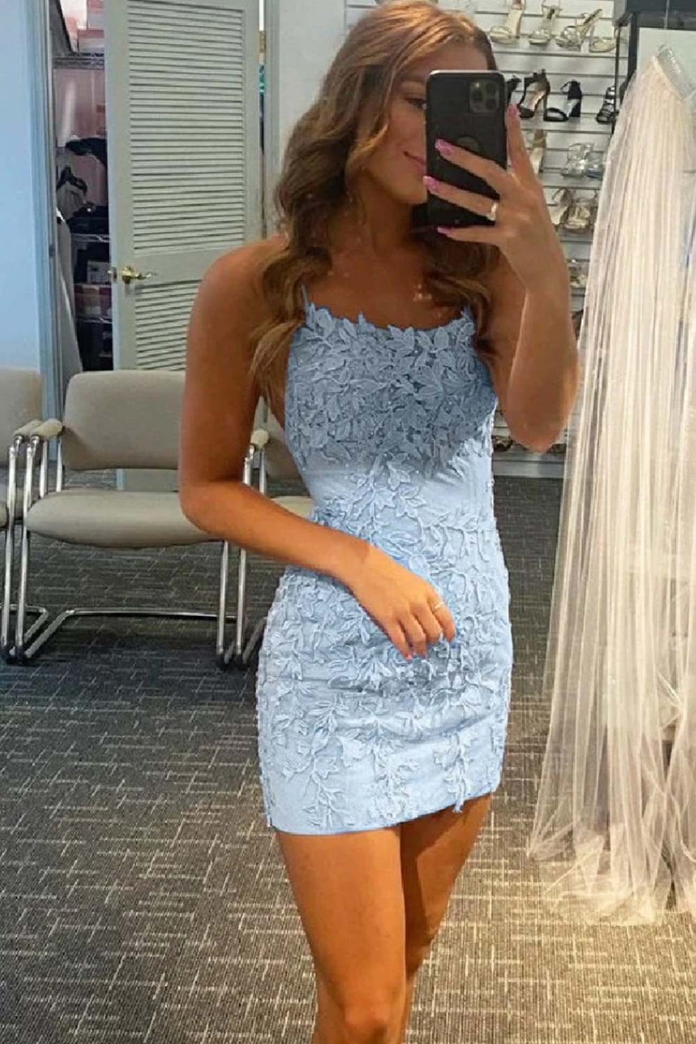 Misshow Sky Blue Short Tight Homecoming Dress/Mini Dress with Lace Beading