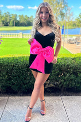 Misshow Spaghetti Straps Black Bodycon Short Homecoming Dress/Mini Dress with Bow