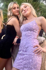 Misshow Spaghetti Straps Purple Tight Short Homecoming Dress/Mini Dress with Appliques