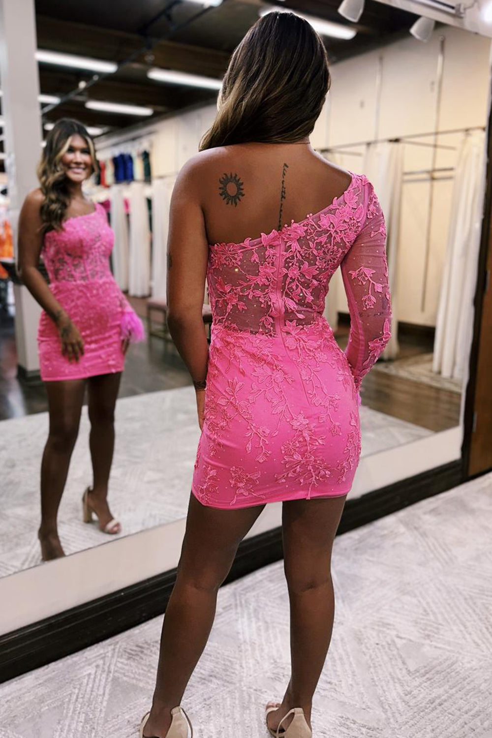 Misshow Spakly Pink One Shoulder Corset Tight Short Lace Homecoming Dress/Mini Dress with Feathers