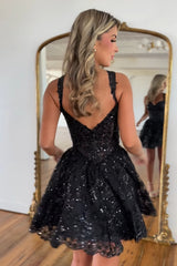 Misshow Sparkly A-Line Black Tiered Short Homecoming Dress/Mini Dress with Lace