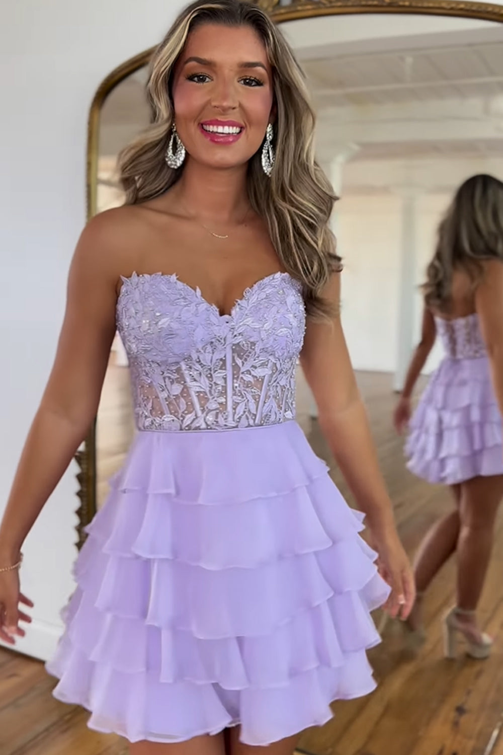Misshow Sparkly A Line Fuchsia Corset Strapless Short Homecoming Dress/Mini Dress with Ruffles