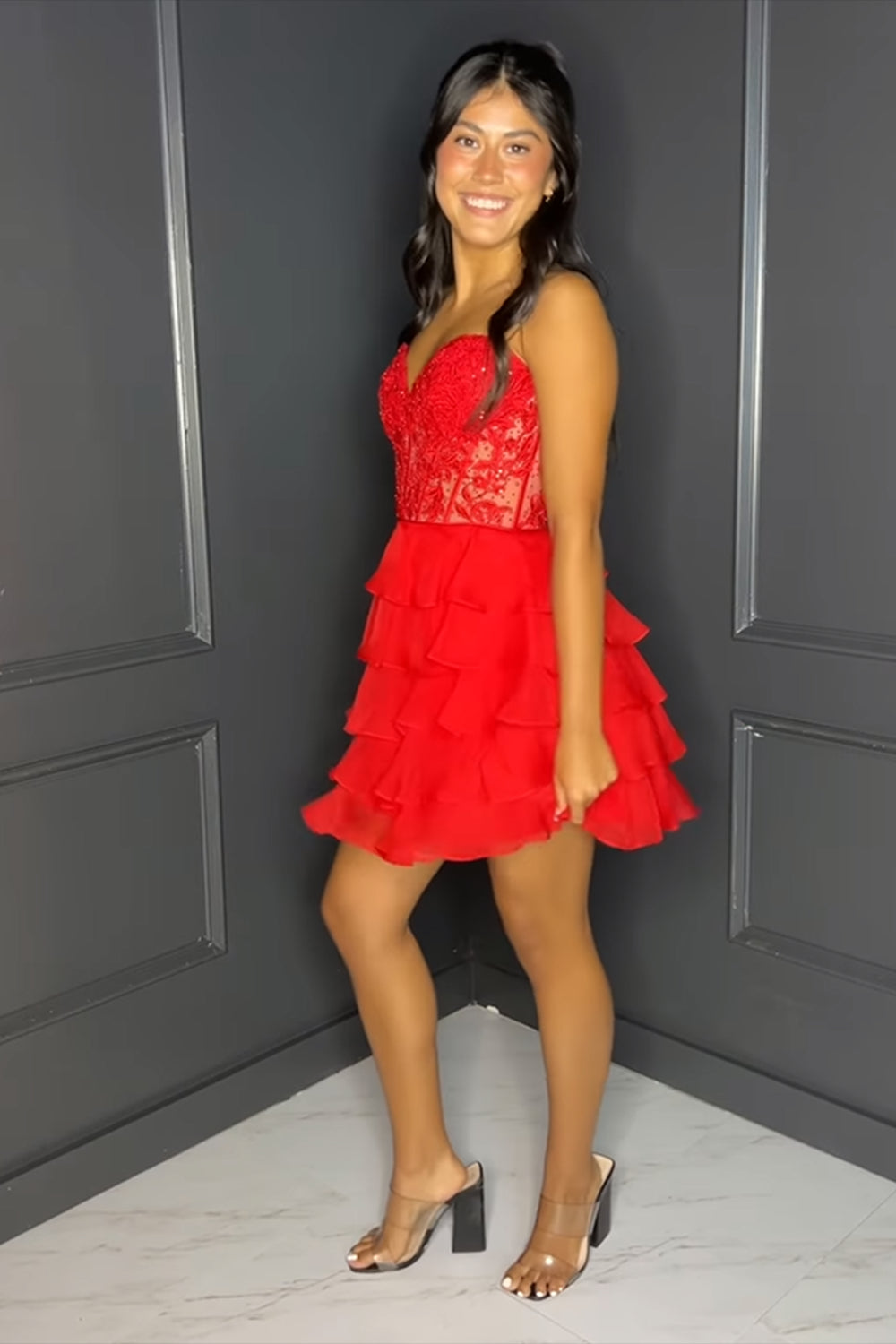 Misshow Sparkly A Line Fuchsia Corset Strapless Short Homecoming Dress/Mini Dress with Ruffles