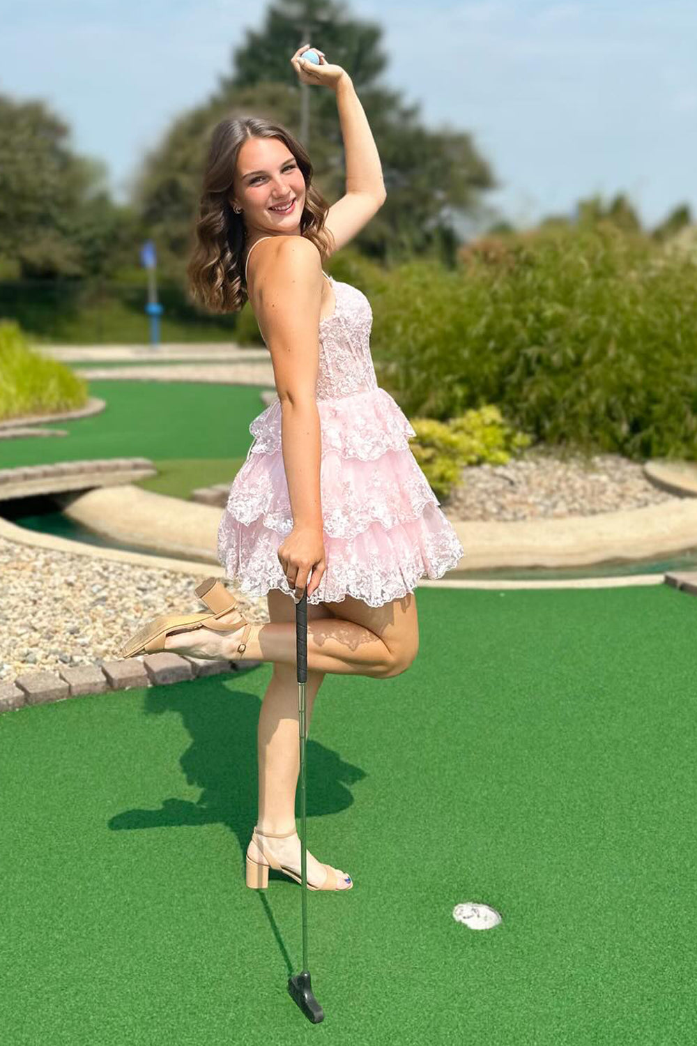 Misshow Sparkly A Line Pink Corset Short Homecoming Dress/Mini Dress with Lace-Up Back