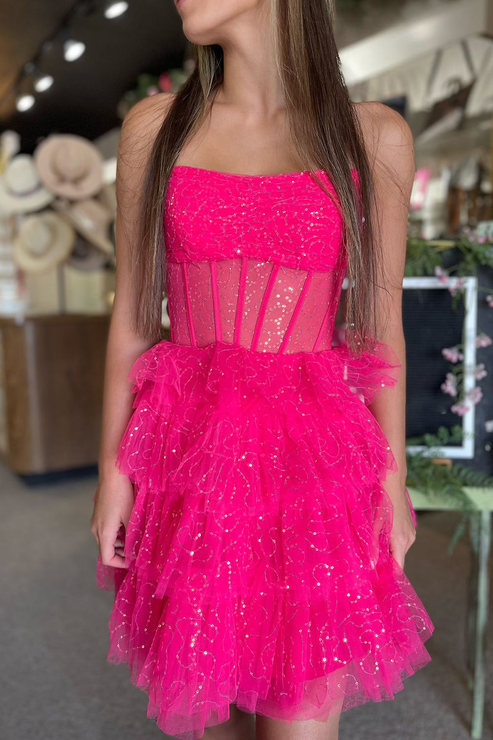 Misshow Sparkly A-Line Pink Corset Tiered Tulle Short Homecoming Dress/Mini Dress