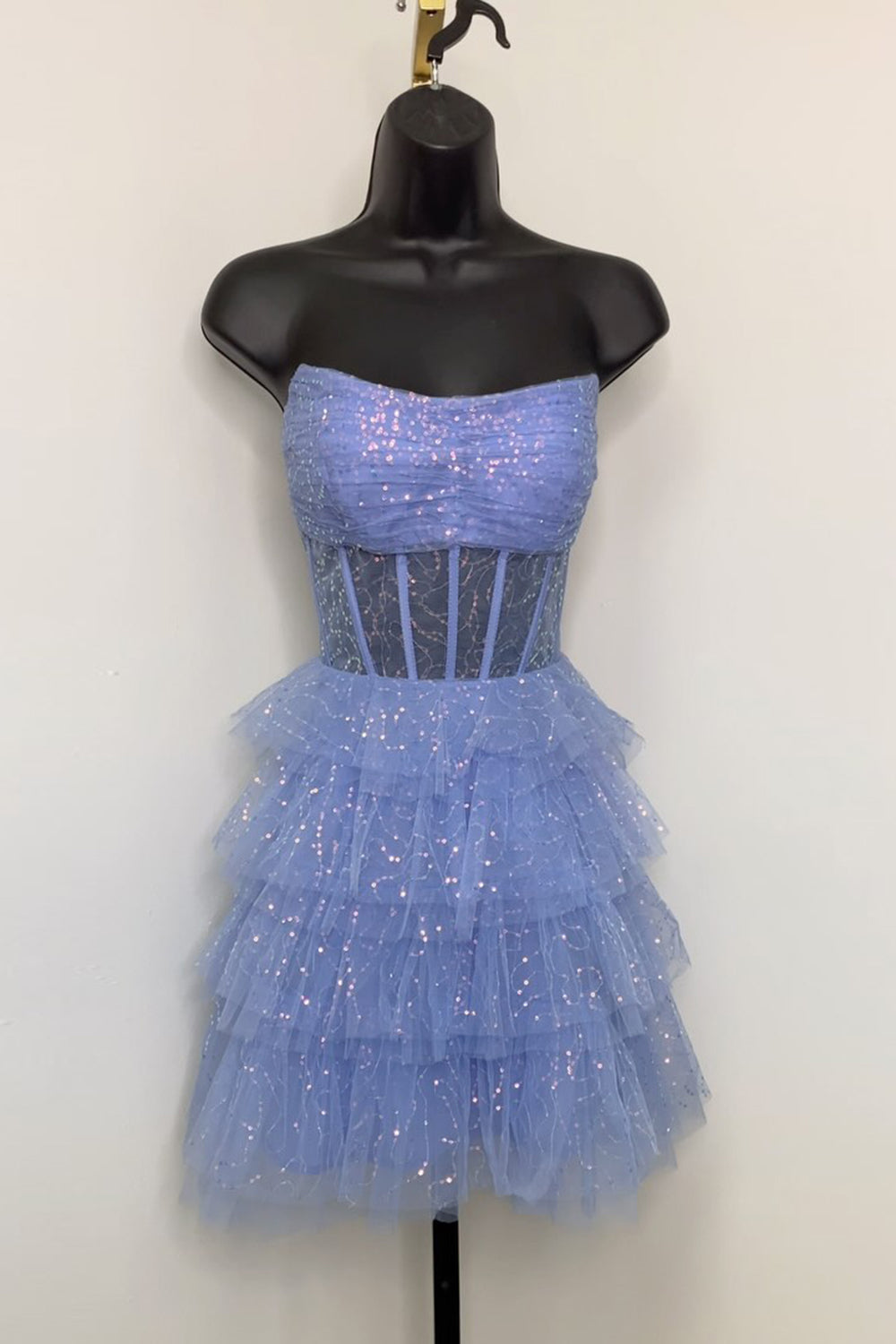 Misshow Sparkly A-Line Pink Corset Tiered Tulle Short Homecoming Dress/Mini Dress