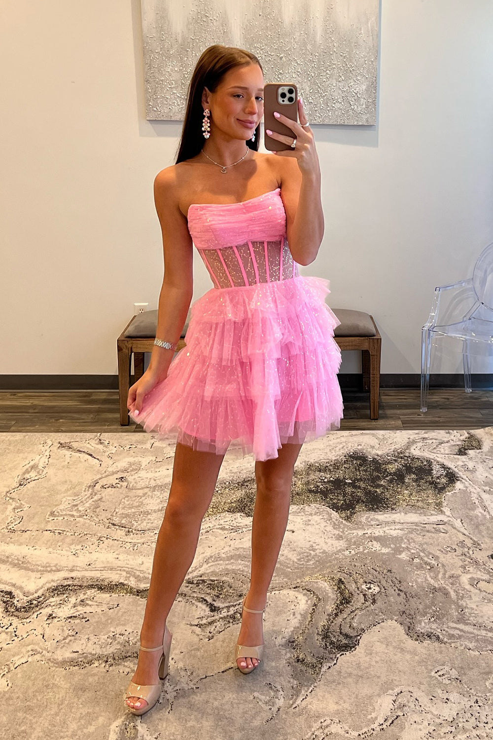 Misshow Sparkly A-Line Pink Corset Tiered Tulle Short Homecoming Dress/Mini Dress