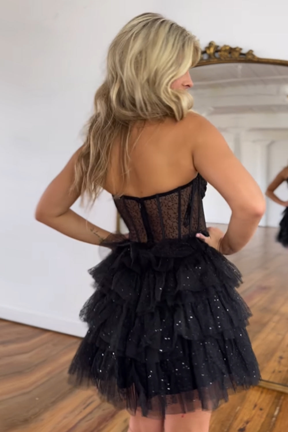 Misshow Sparkly A-Line Pink Corset Tiered Tulle Short Homecoming Dress/Mini Dress