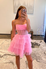 Misshow Sparkly A-Line Pink Corset Tiered Tulle Short Homecoming Dress/Mini Dress