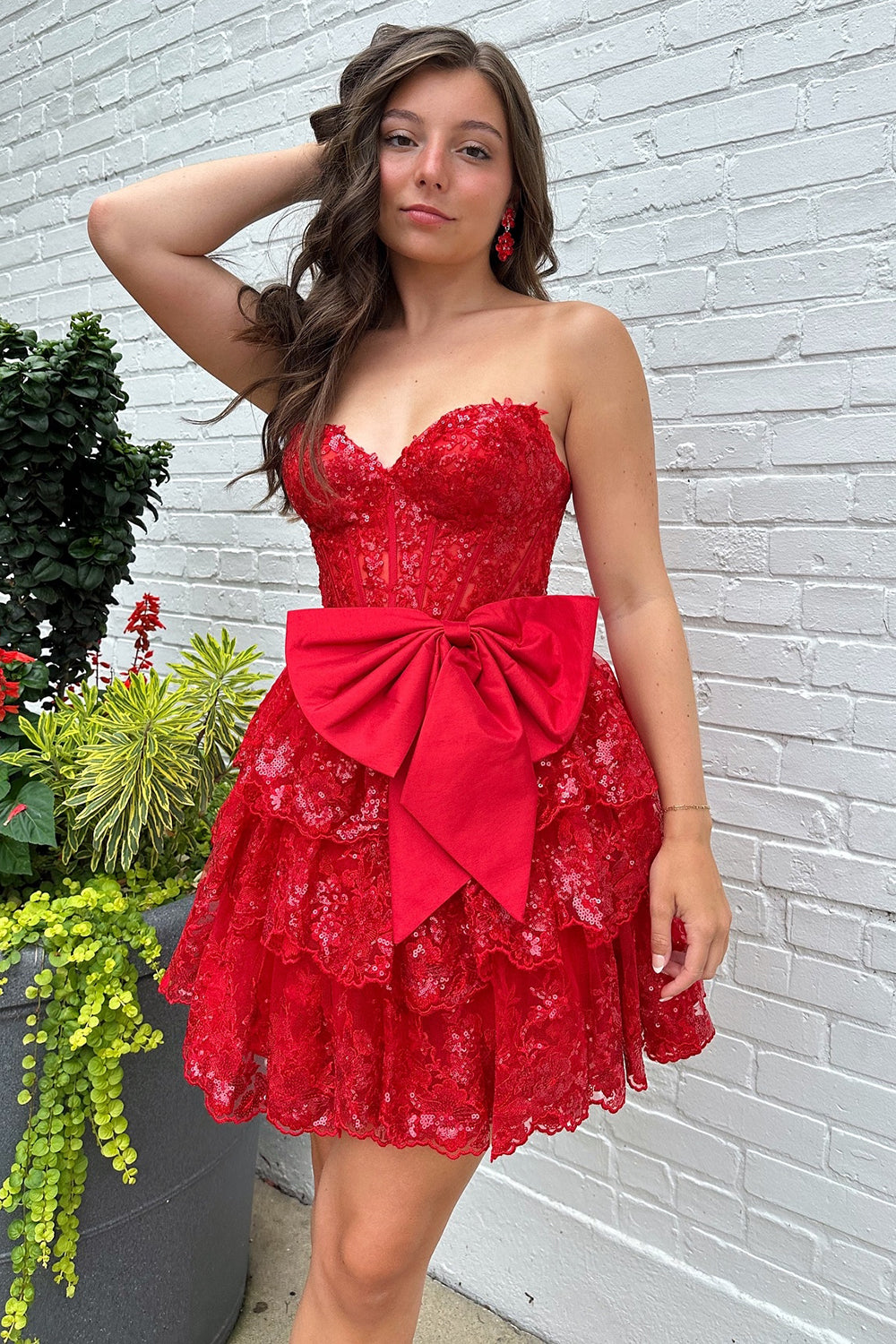 Misshow Sparkly A Line Red Strapless Corset Short Homecoming Dress/Mini Dress with Bow