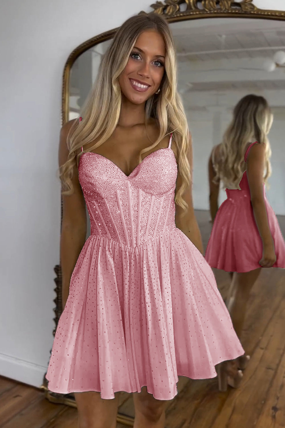 Misshow Sparkly A Line White Beaded Corset Short Homecoming Dress/Mini Dress
