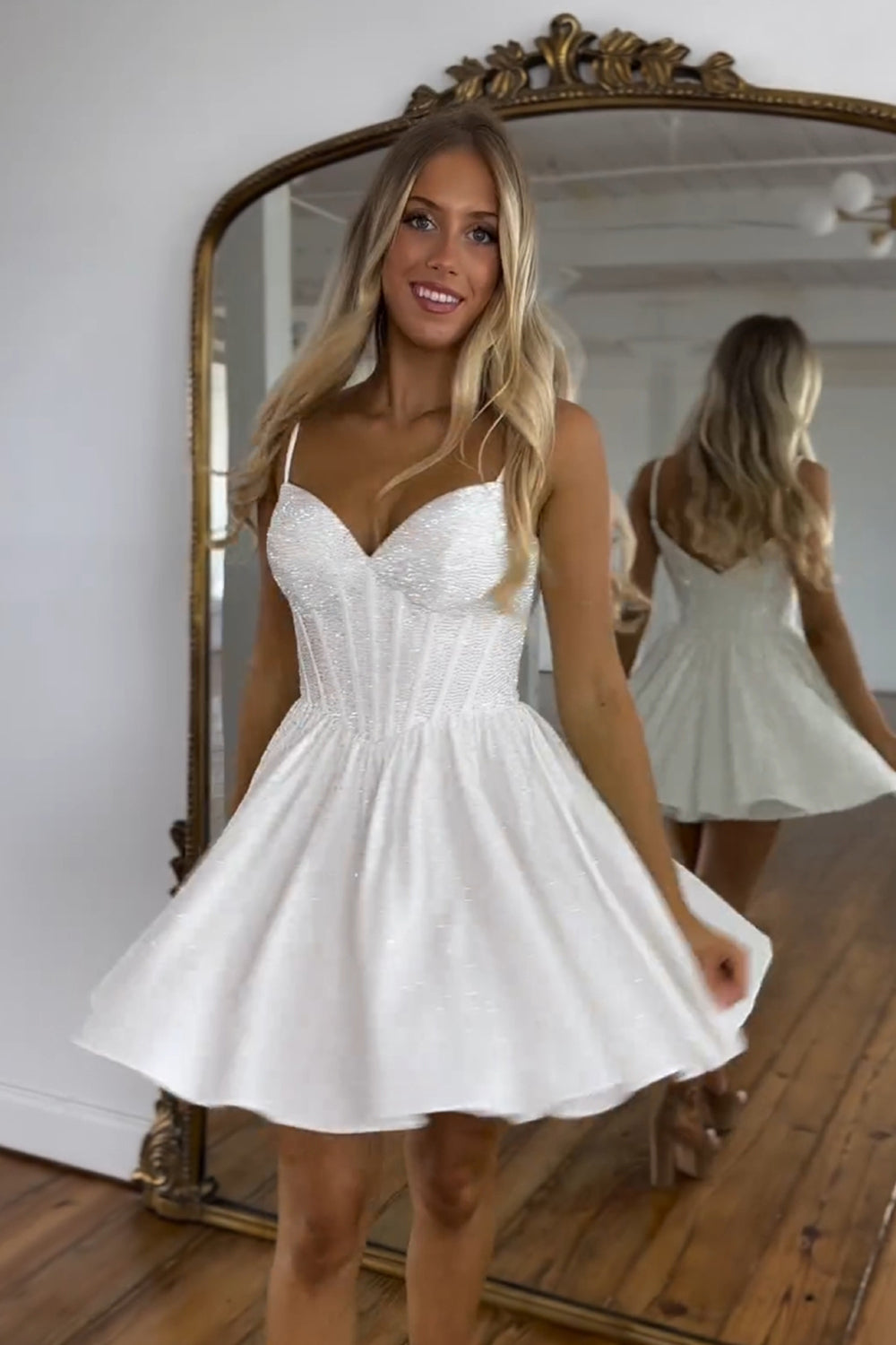 Misshow Sparkly A Line White Beaded Corset Short Homecoming Dress/Mini Dress