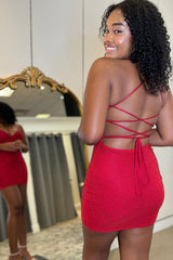 Misshow Sparkly Beaded Red Tight Short Homecoming Dress/Mini Dress