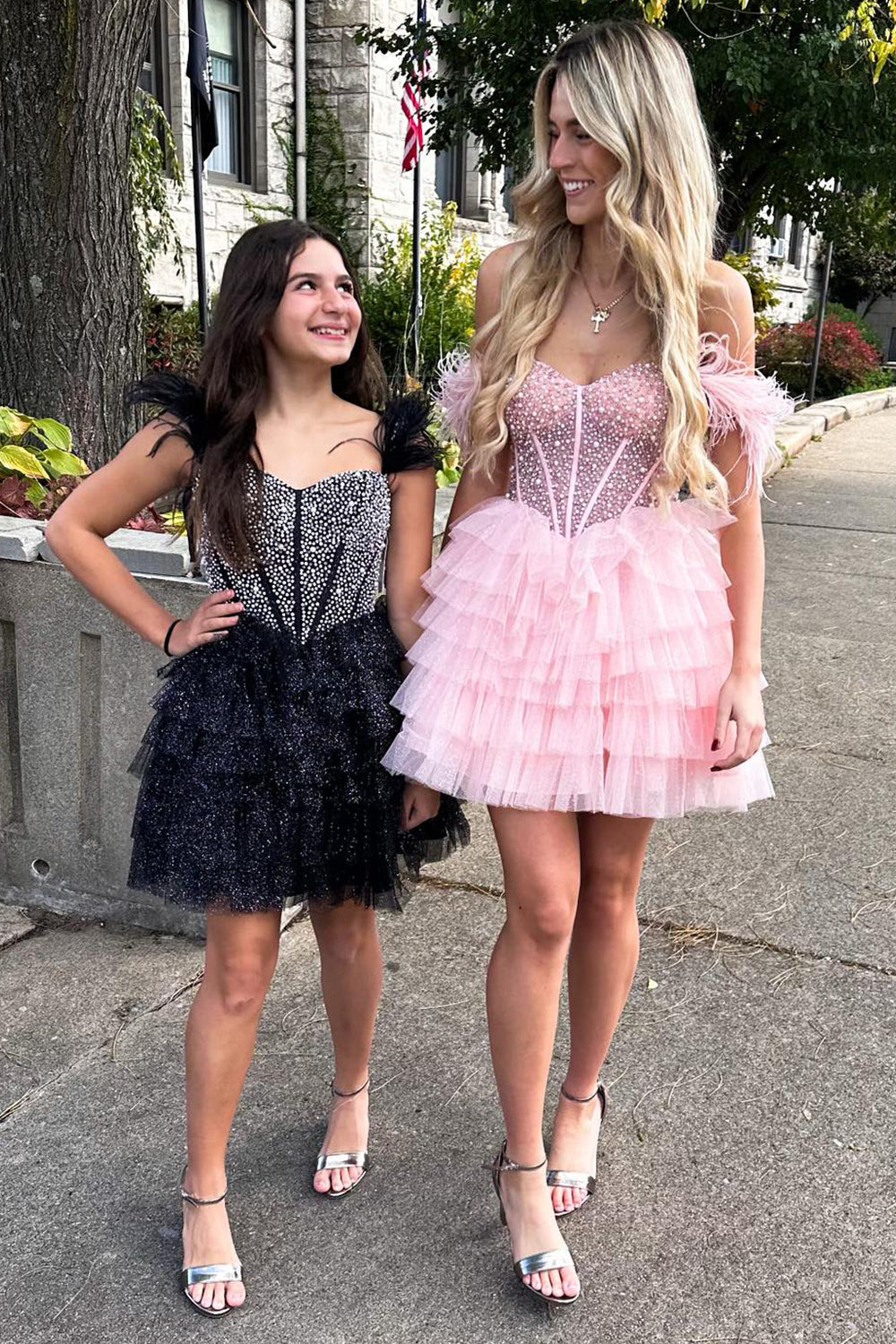 Misshow Sparkly Black Beaded Corset Ruffled Short Homecoming Dress/Mini Dress With Feathers
