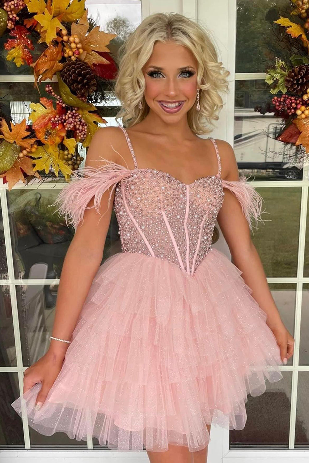 Misshow Sparkly Black Beaded Corset Ruffled Short Homecoming Dress/Mini Dress With Feathers