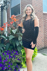 Misshow Sparkly Black Beaded Corset Tight Short Homecoming Dress/Mini Dress With Detachable Sleeves