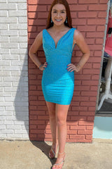 Misshow Sparkly Black Beaded V-Neck Backless Tight Short Homecoming Dress/Mini Dress