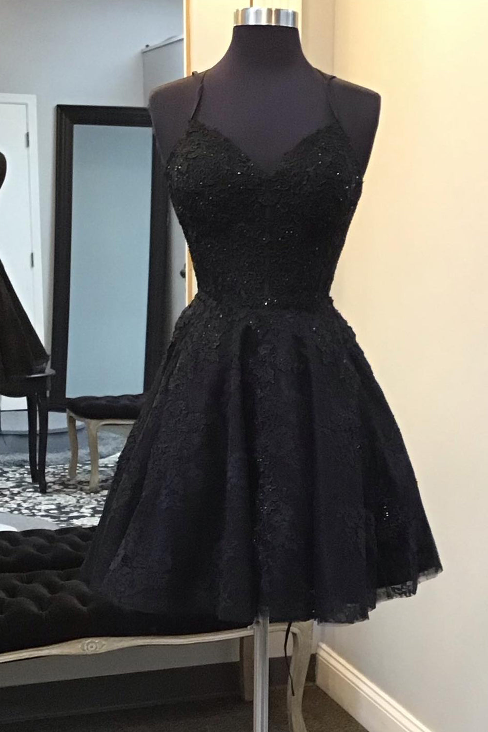Misshow Sparkly Black Corset Lace A-Line Short Homecoming Dress/Mini Dress