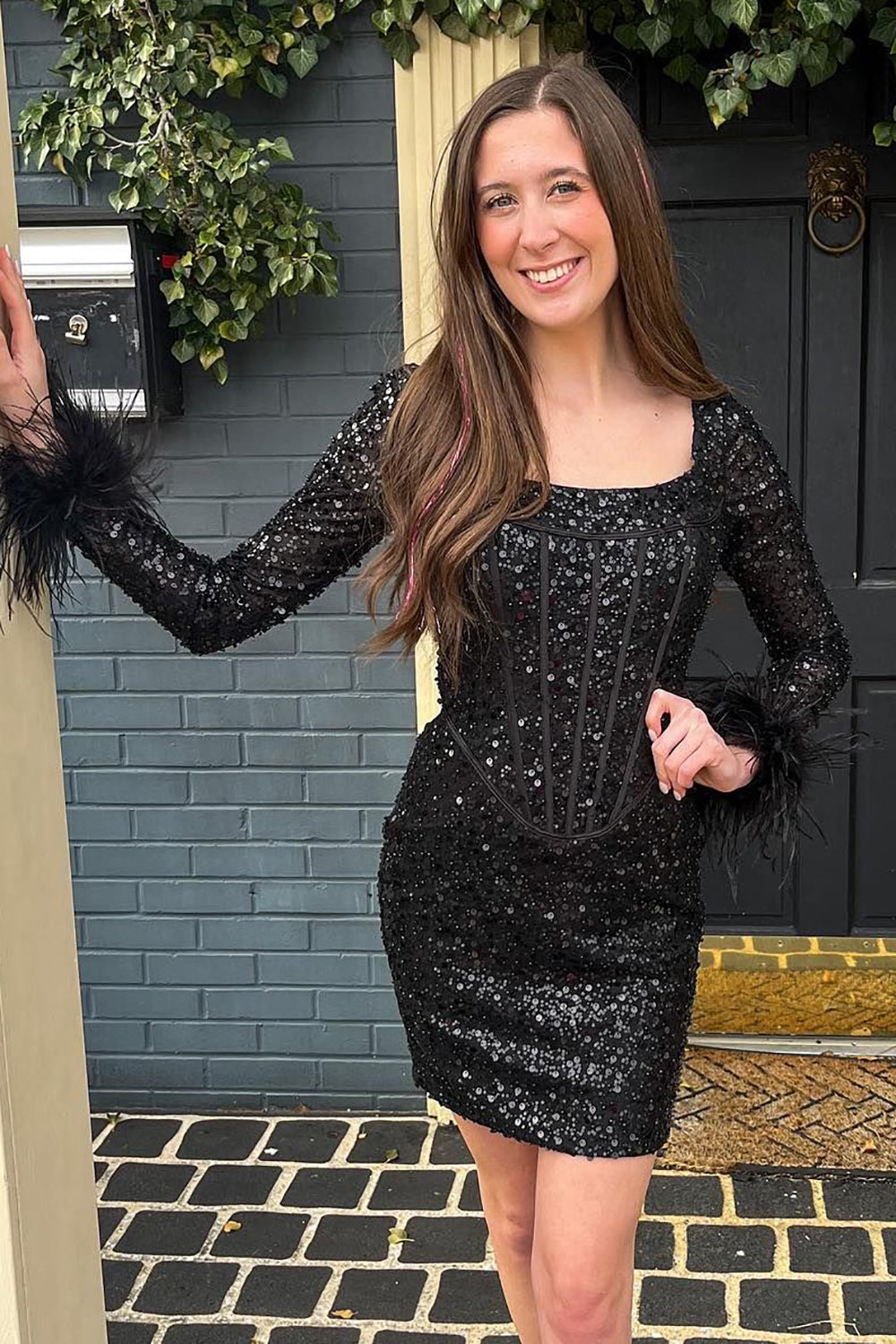 Misshow Sparkly Black Corset Long Sleeves Tight Short Hoco Dress with Feathers