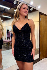 Misshow Sparkly Black Corset Sequins Tight Sequins Short Homecoming Dress/Mini Dress