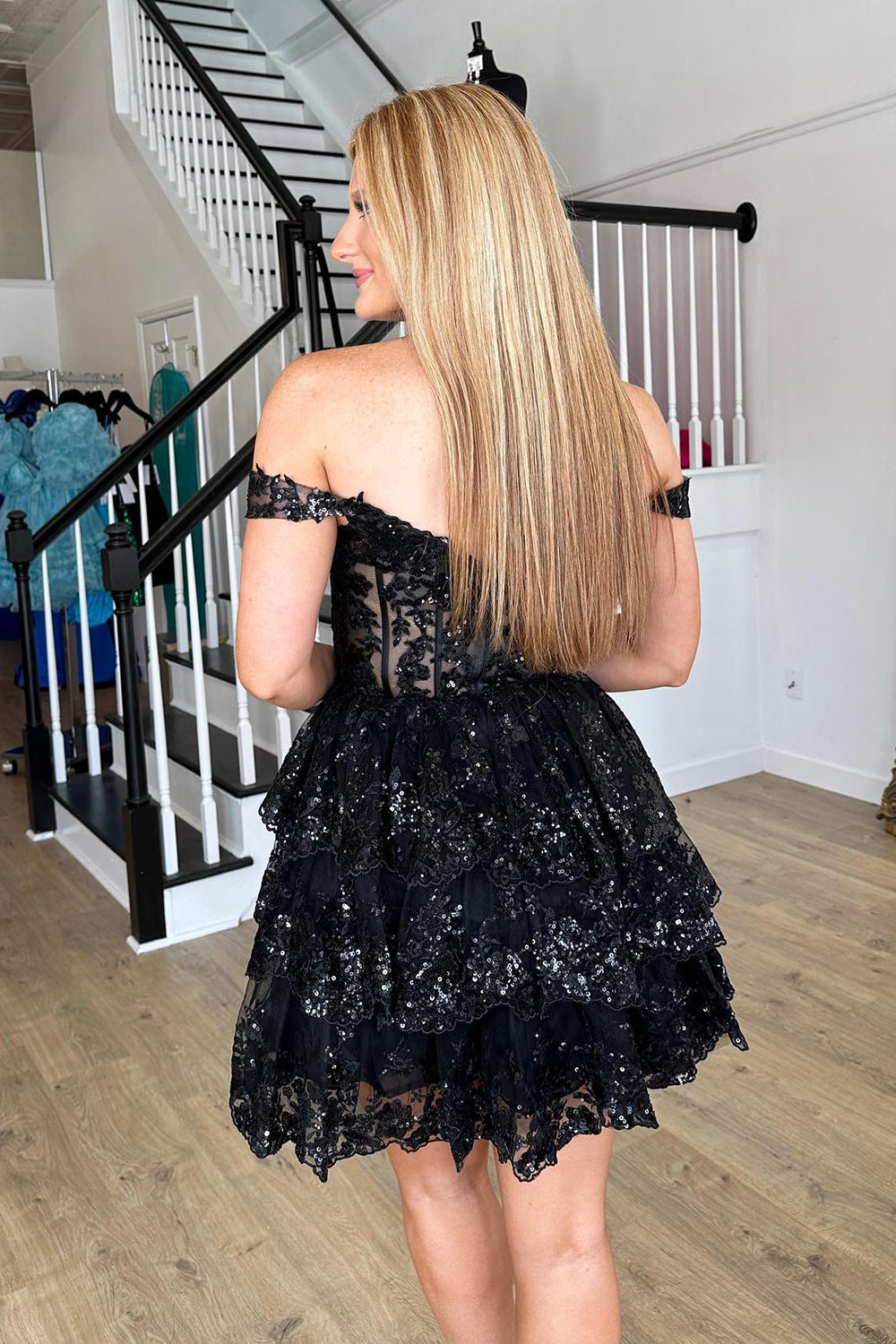 Misshow Sparkly Black Corset Tiered Lace A-Line Short Homecoming Dress/Mini Dress