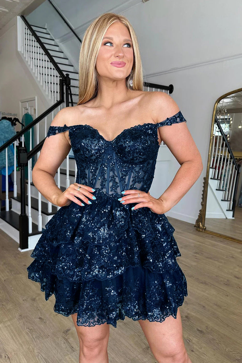 Misshow Sparkly Black Corset Tiered Lace A-Line Short Homecoming Dress/Mini Dress