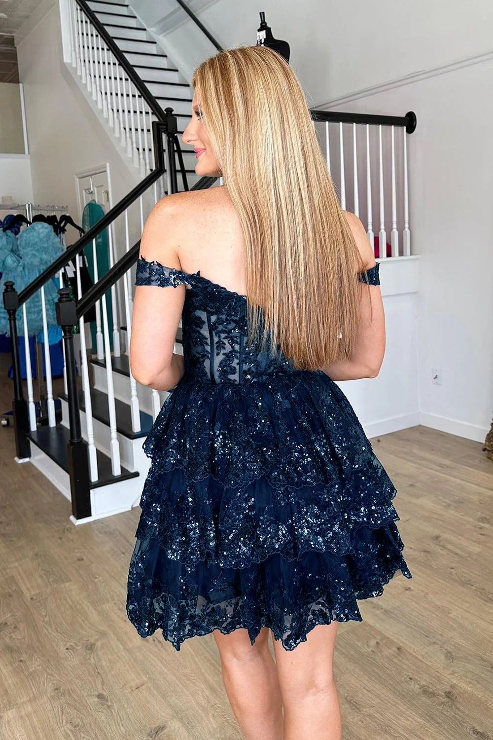 Misshow Sparkly Black Corset Tiered Lace A-Line Short Homecoming Dress/Mini Dress