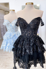 Misshow Sparkly Black Corset Tiered Lace A-Line Short Homecoming Dress/Mini Dress