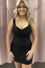 Misshow Sparkly Black Corset Tight Short Sequins Homecoming Dress/Mini Dress
