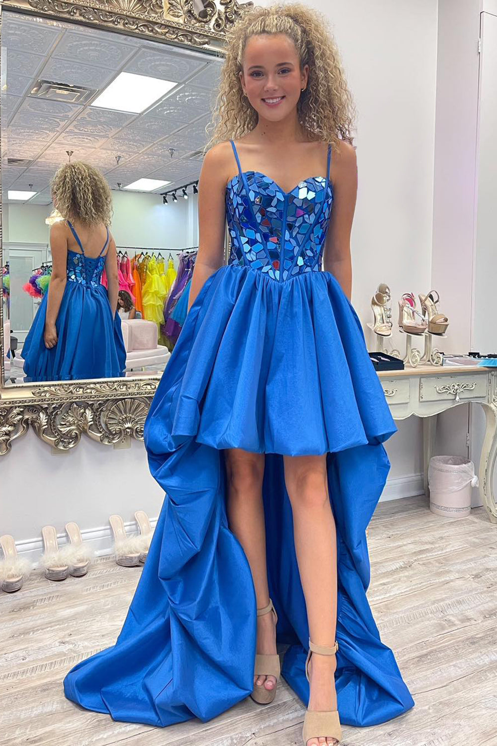 Misshow Sparkly Black High Low Satin A-Line Mirror Homecoming Dress/Mini Dress