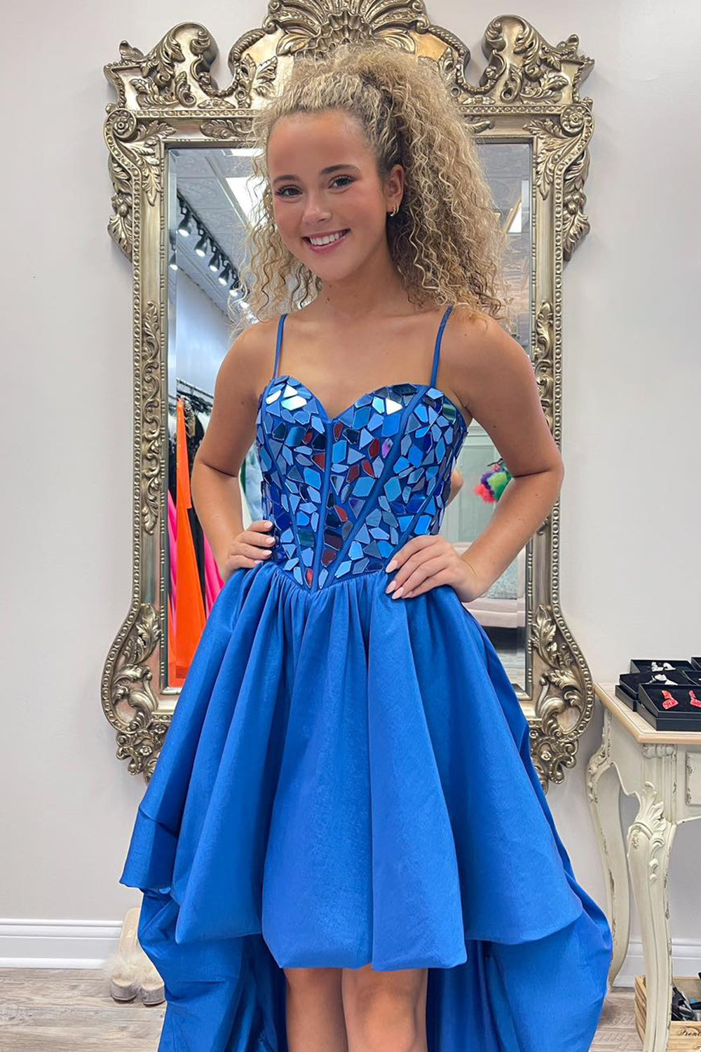 Misshow Sparkly Black High Low Satin A-Line Mirror Homecoming Dress/Mini Dress