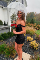 Misshow Sparkly Black Off The Shoulder Tight Short Homecoming Dress/Mini Dress with Fringes