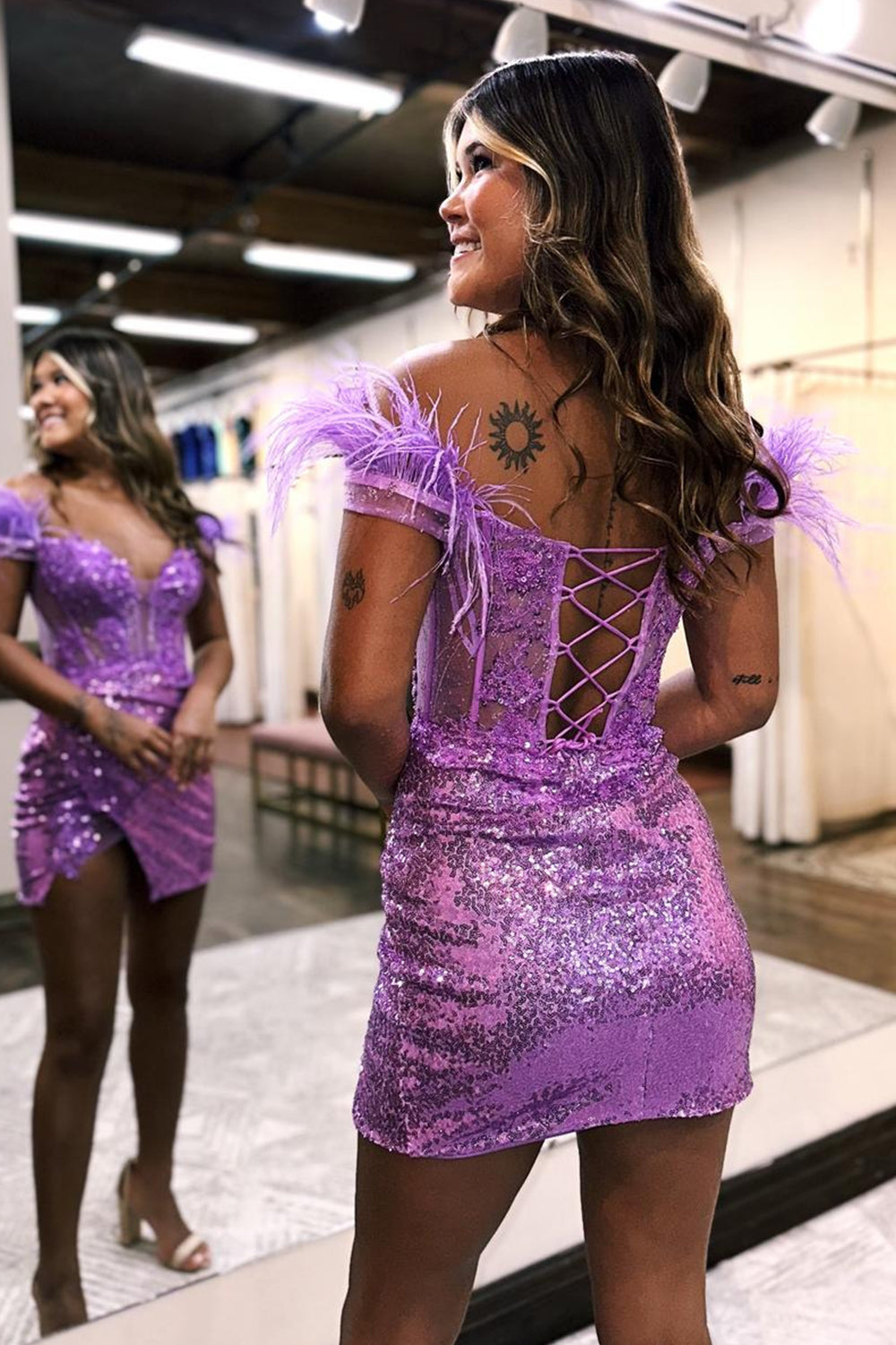 Misshow Sparkly Black Off the Shoulder Tight Short Homecoming Dress/Mini Dress with Feathers