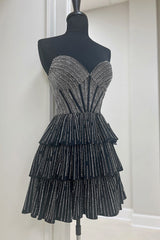 Misshow Sparkly Black Pink A Line Corset Strapless Tiered Short Homecoming Dress/Mini Dress with Beadings