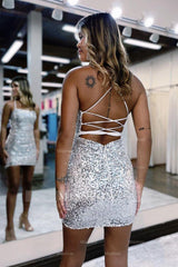 Silver square sequin bodycon homecoming dress