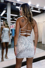 Misshow Sparkly Black Sequined Zipper Spaghetti Straps Tight Short Homecoming Dress/Mini Dress