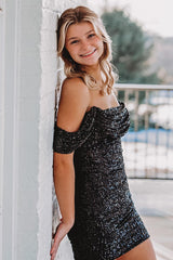 Misshow Sparkly Black Sequins Short Tight Homecoming Dress/Mini Dress