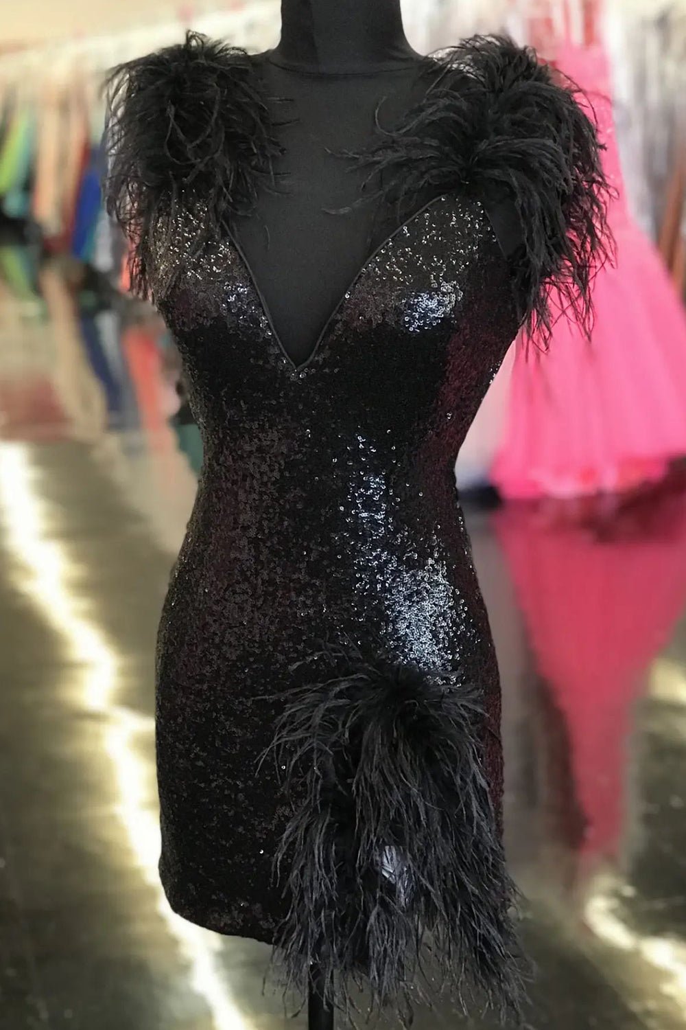Misshow Sparkly Black Sequins Tight Short Homecoming Dress/Mini Dress with Feathers