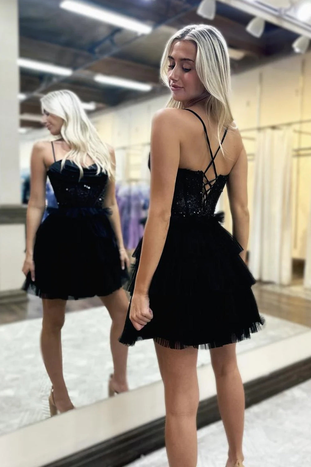 Misshow Sparkly Black Spaghetti Straps Corset Short Homecoming Dress/Mini Dress