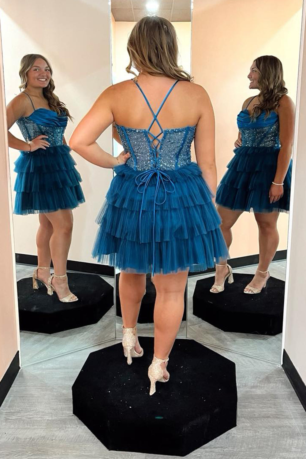 Misshow Sparkly Black Spaghetti Straps Corset Short Homecoming Dress/Mini Dress