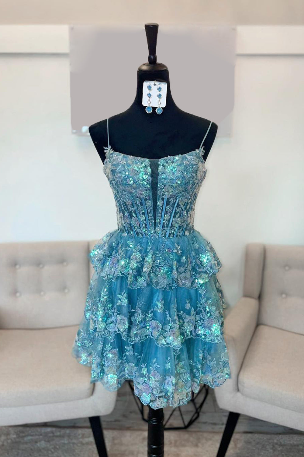 Misshow Sparkly Blue A Line Corset Tiered Short Homecoming Dress/Mini Dress